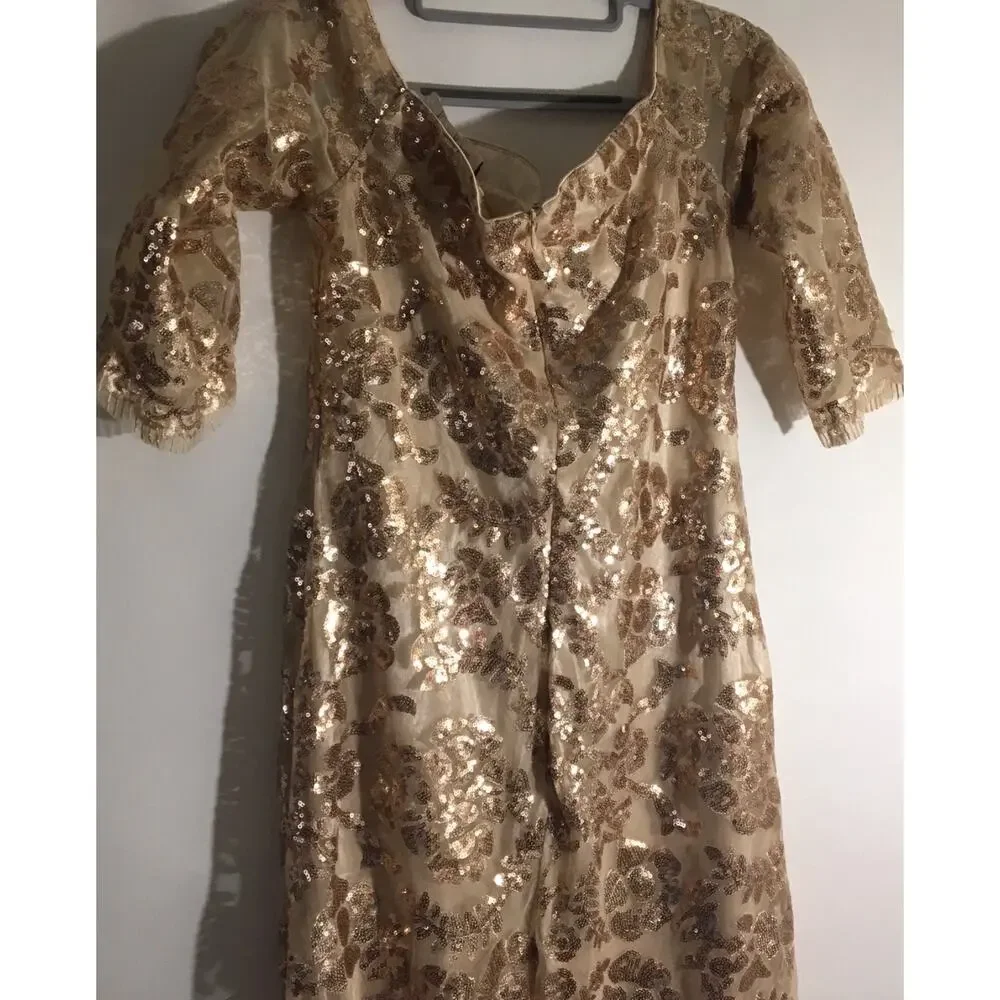 Neiman Marcus Women's Size Medium Beige Floral Sequin Square Neck Evening Dress - Picture 6 of 6